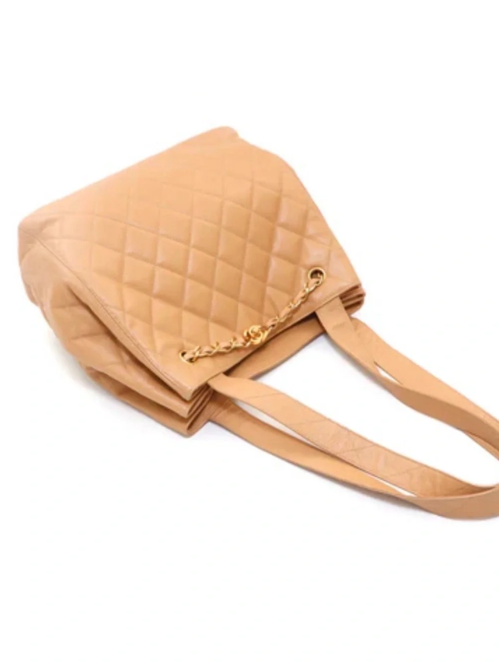CHANEL Quilted Camel Tote with Gold Chain CC Accent and Turnlock Clasp